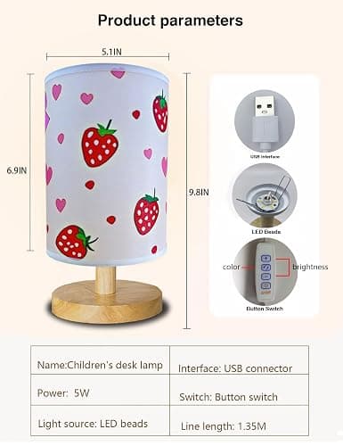 Strawberry Lamp, Strawberry Room Decor for Girls,3 Color Changing LED Night Light with 9 Brightness Levels Wood Nightstand Desk Base Flaxen Fabric Shade for Bedroom Living Room (Pink Strawberry) thumbnail 4