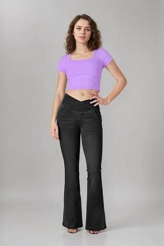 BlueRose Flare Jean Leggings for Women,Bell Bottom Jeans for Women Knit Crossover High Waisted Bootcut Jean thumbnail 6