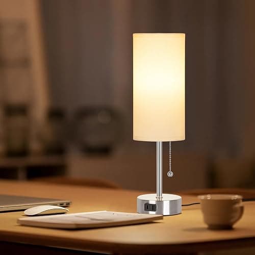 Dott Arts Table Lamp for Bedroom, 3-Color Bedside Lamps with Pull Chain | Bedroom Table Lamps for Nightstand,AC Outlet Small Lamp for Living Room, Bulb Included Nickel thumbnail 5