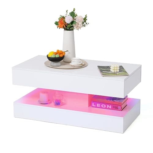 Verano Garden Modern High Gloss LED Coffee Table with Storage, 2-Tier Center Table with Open Display Shelf & 2 Sliding Drawers, Rectangle Coffee Tables for Living Room, Bedroom thumbnail 9