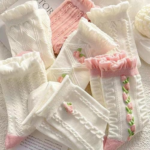 Flixxo 5 Pair Cute Women's Cottagecore Lace Ruffle Ankle Socks - Cable Knit Cotton Coquette Aesthetic Socks thumbnail 7