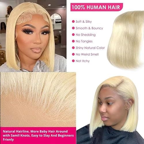 10 pouces 613 Blonde Short Bob Wig Cheveux Humains Straight Lace Front Perruque 180 Densité 13x4 HD Lace Front Perruque Bob Wig Pré - épelé des Cheveux de bébé pour Les Femmes thumbnail 7