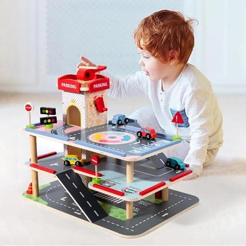 Wooden Toy Garage for Children 3+ Years with Cars Kids Car Ramp Parking 3 Level Car Park Gift Playset with Lift and Road Signs thumbnail 5