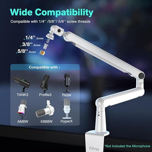 FIFINE Boom Arm Mic Stand, Low Profile Microphone Arm Stand, Podcast Mic Boom Arm with Desk Mount, Cable Channels Management, Metal Boom Arm White for Recording/Streaming/Gaming/Home Office-BM88W thumbnail 4