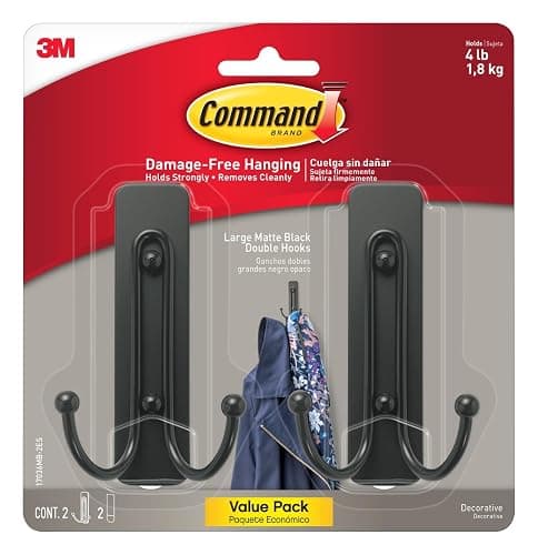 Command Large Matte Black Double Hooks, 2 Hooks and 2 Strips, Damage Free Hanging Wall Hooks with Adhesive Strips, No Tools Coat Hooks for Hanging Home Decor, Holds up to 4 lb - Image 1
