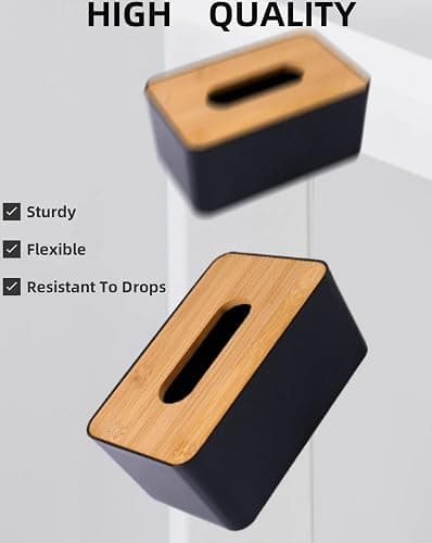 Tissue Box with Bamboo Cover,Plastic Tissue Organizer,Bathroom Tissue Dispenser for Home,Bedroom,Office,Living Room,8.1×4.6×2.9 in (Black) thumbnail 8