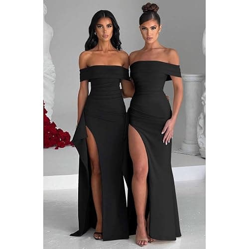 XIWCAFC Robe de Soirée Cocktail Femm Robe Longue Sexy Slim Bodycon Epaules Dénudées Fendue Maxi RobeFemme Élégant Couleur Unie Robes de Fête Longue Robes de Gala pour Mariage Party Bal thumbnail 5