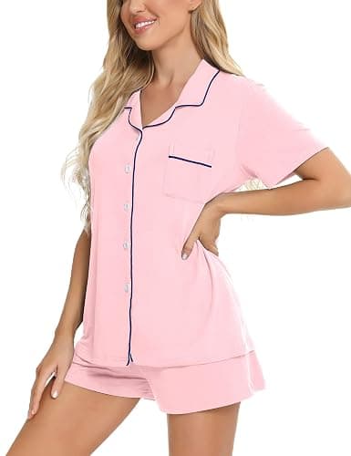 SWOMOG Womens Pajamas Set Button Down Soft Short Sleeve Sleepwear Loungewear 2 Pcs Pjs Shorts Set XS-XXL thumbnail 2