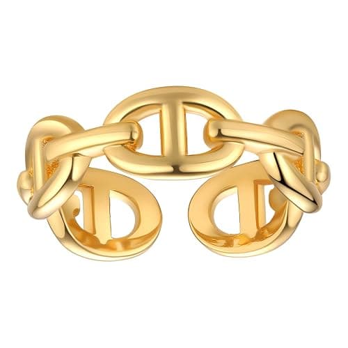 LEMON GRASS Gold Chain Link Ring | Chunky Curb-Link Open Ring | Stackable Thick Chain Simple Open Circle Band Adjustable - Image 1