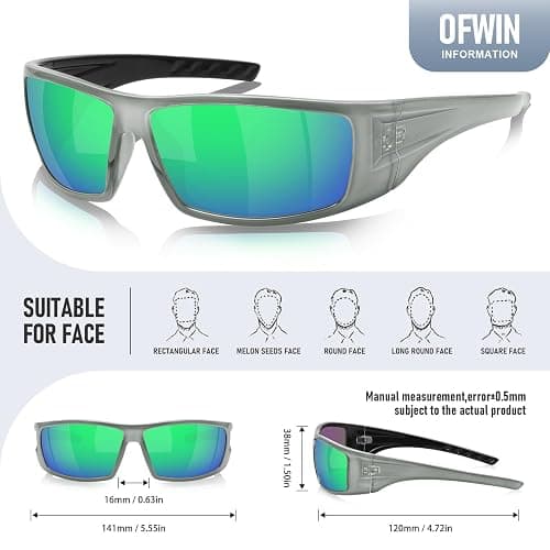 Ofwin Polarized Sports Sunglasses for Men Women Unbreakable Frame Cycling Fishing Wrap Around Sunglasses UV400 Protection - Glossy Gray Silver Frame/Green Mirror Lens thumbnail 3