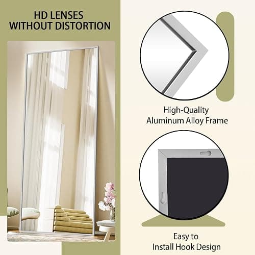 BEAUTYPEAK Full Length Mirror with Stand, 56"x21" Floor Mirror with Aluminum Alloy Thin Frame, ShatterVue Tempered Full Body Mirrors, Free Standing or Wall-Mounted Mirrors for Living Room, Silver thumbnail 3