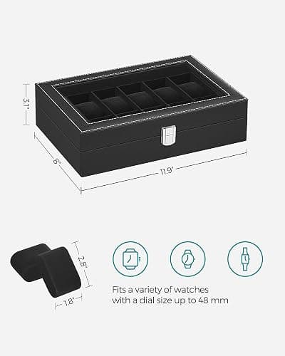 SONGMICS Watch Box, 12-Slot Watch Case with Large Glass Lid, Removable Watch Pillows, Watch Box Organizer, Gift for Loved Ones, Black Synthetic Leather, Christmas Gift, Black Lining UJWB012B01 thumbnail 3