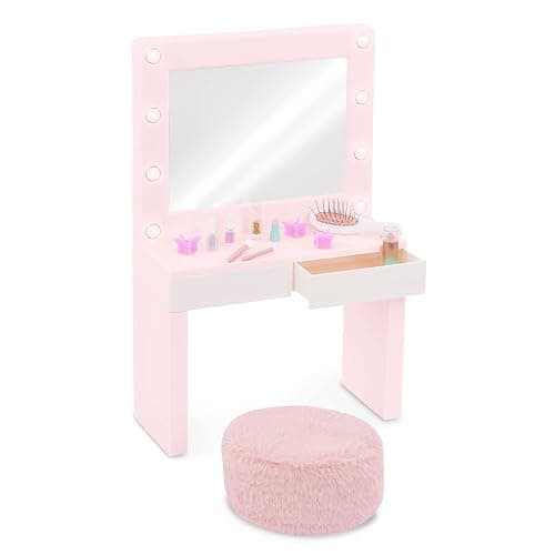 Our Generation – 18-Inch Doll Accessories – Pink Vanity Table Playset – Light – up Mirror – Pretend Make – up & Styling Items – 3+ Years– Glam & Glow Vanity Set - Image 1