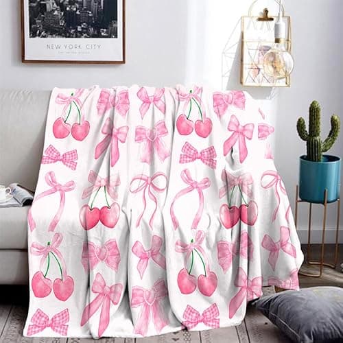 Reateforin Pink Cherry Bow Throw Blanket Back to School Decorations Soft Dorm Room Essentials Gifts for Students Girls Boys Lightweight Coquette Bow Cherry Aesthetic Blanket for Couch Sofa Bed 50"x60" thumbnail 2