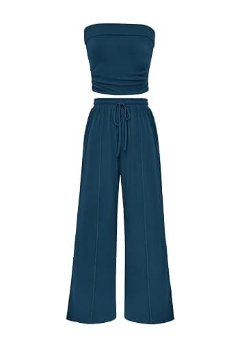 PRETTYGARDEN Womens Summer Outfits 2 Piece Sets Casual Ribbed Knit Crop Tube Top Wide Leg Pants Spring Matching Lounge Set - Image 1