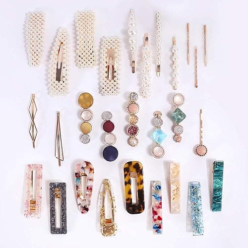 28 PCS Hingwah Pearls and Acrylic Resin Hair Clips, Handmade Hair Barrettes, Marble Alligator bobby pins, Glitter Crystal Geometric Hairpin, Elegant Gold Hair Accessories, Gifts for Women Girls thumbnail 8