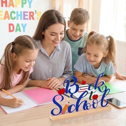 Back to School Metal Sign Table Decorations for Home Office Shelf Tabletop | First Day of School Classroom Teacher Party Supplies Freestanding Metal Word Sign 9.8x5.5 Inch thumbnail 2