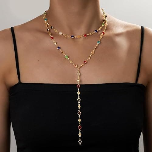 Colorful Crystal Long Necklace for Women Dainty Boho Y-Shaped Color Bead Necklaces Sparkly Rhinestone Pendant Layered Gold Long Chain Choker Good Luck Trend Jewelry Gift Jewelry thumbnail 3
