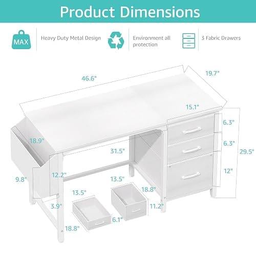 Lufeiya White Desk with File Drawers Cabinet, 47 Inch Reversible Computer Desk with Fabric Filing Cabinet for Bedroom Small Space Home Office, Modern Writing Table PC Desks, White thumbnail 3