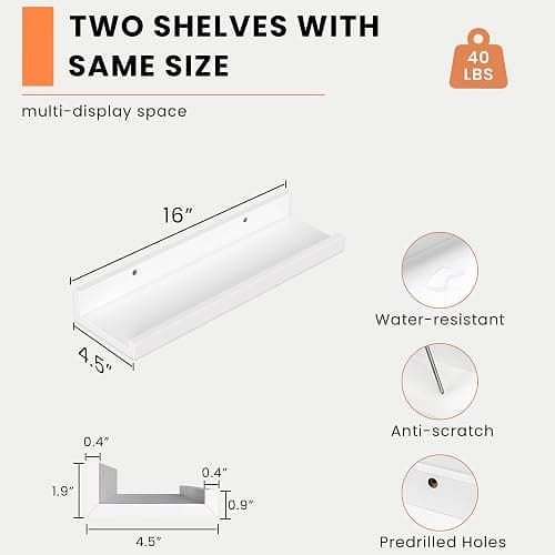 Heimlove Picture Ledge Shelf, Floating Shelves Set of 2, 16 Inches Picture Shelf for Wall with Ledge, Kids Bookshelf Wall Mounted for Living Room Bedroom Decor Books Photo Frames - White thumbnail 3