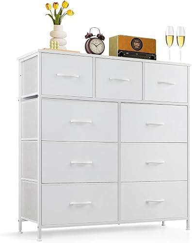 9-Drawer Dresser for Bedroom, Anti-Tip Tall Storage Organizer Chest of Drawers with Wooden Top and Metal Frame Fabric Bins for Closet, Living Room, Hallway, Entryway, White - Image 1