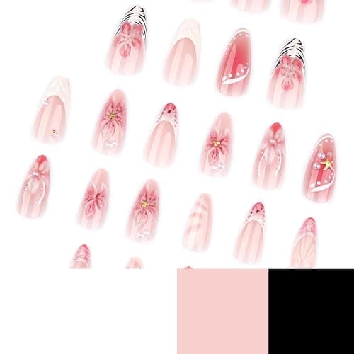 Octoswave Medium Press on Nails Almond Fake Nails French 3D Flowers Artificial Nail Pearl Stick on Nail for Women 24pcs thumbnail 5