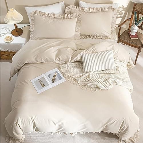 AShanlan Bettwäsche Rüschen 135x200 Beige Romantisch Bettwäsche-Sets 2tlg | Bettbezug 135x200 mit Kissenbezug 80x80 cm, 100% Weich Mikrofaser, ÖKO-TEX, Reißverschluss thumbnail 7