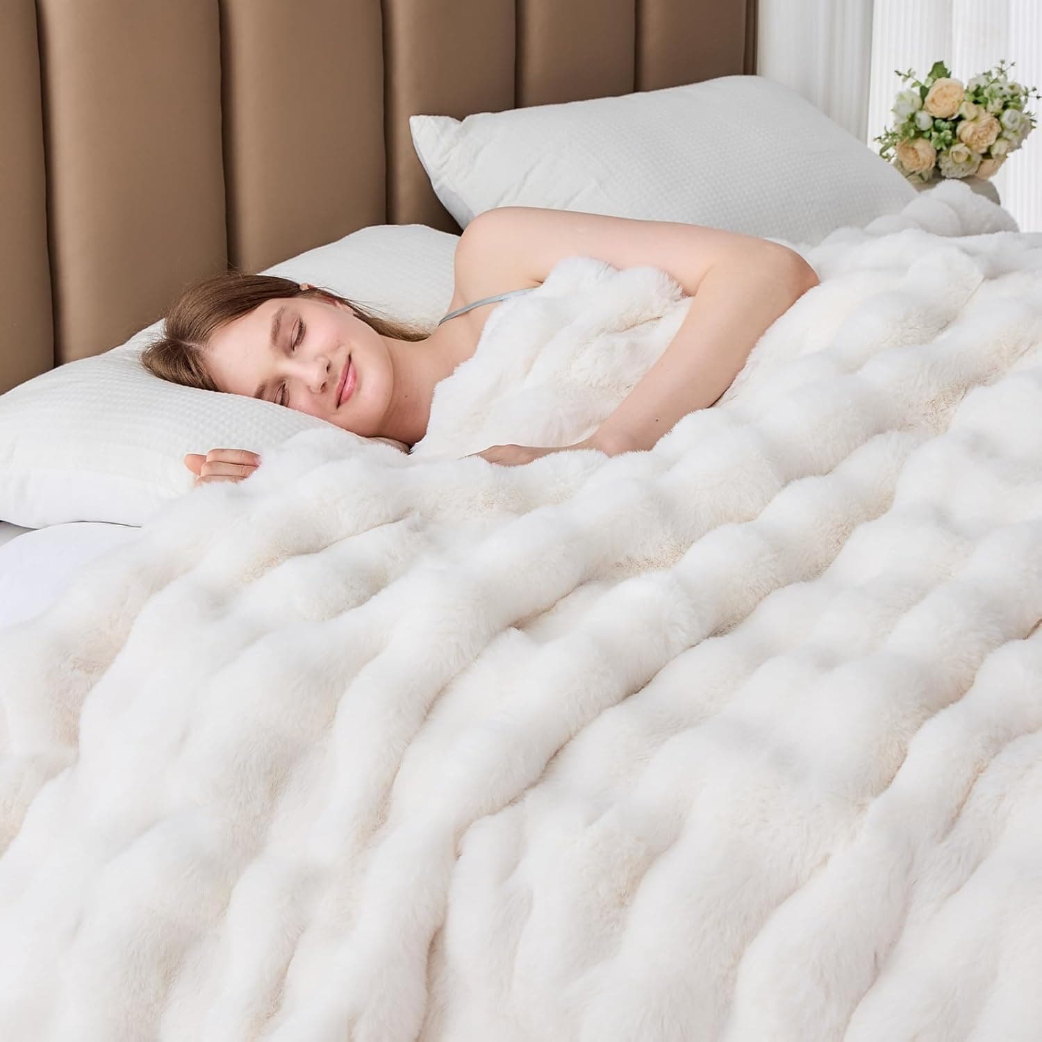 Ultra Soft Cozy Faux Fur Throw Blanket, Fuzzy Plush Thick Bubble Blanket, Luxury Fluffy Blanket for Couch, Sofa, Bedroom, and Living Room, Gifts for Women and Girls, 50x60 Inches, Cream White thumbnail 3