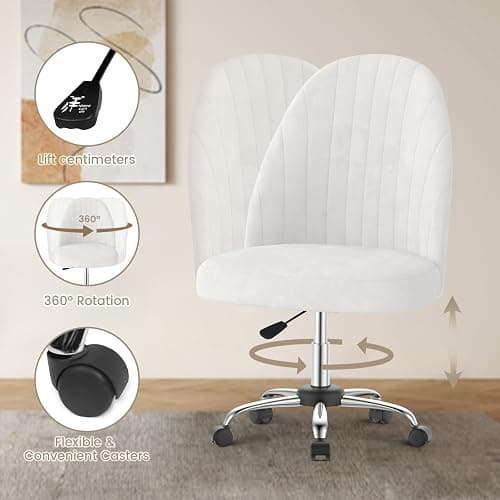 naspaluro Small Swivel Makeup Vanity Chair, Velvet Dressing Table Chairs, White Comfy Desk Chairs for Bedroom/Home Office, Armless Cross Legged Office Chairs with Wheels, Spinning Salon Study Stool thumbnail 7