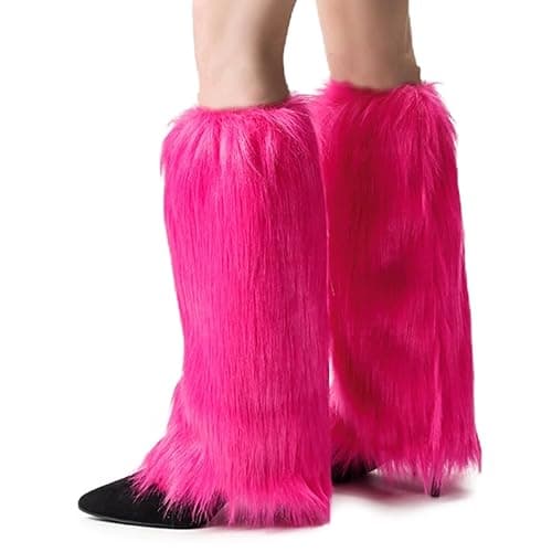 Peecabe Winter Women Faux Fur Fluffy Leg Warmers Fuzzy Long Boot Covers Furry For Christmas - 40cm/15.7in Length - Rose Red