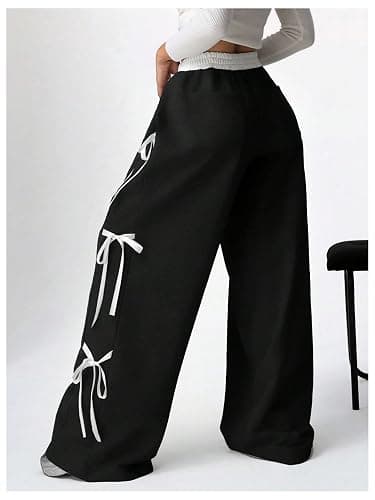 SHENHE Women's Wide Leg Baggy Sweatpants Elastic Waist Tie Bow Pants Loose Long Pants thumbnail 2