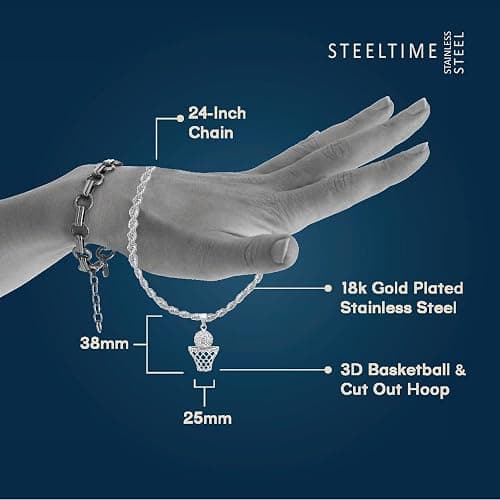 STEELTIME NYC Basketball Necklace - 18K Plated Basketball Chain with Hoop for Men, Women, Teens - Gold, Silver & Black Color Options - Stainless Steel Sports Pendant with Simulated Diamond CZ Stones thumbnail 6