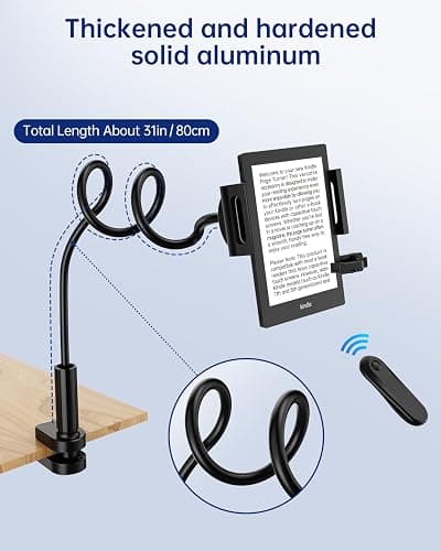Kindle Holder with Remote Page Turner, Kindle Stand for Bed Reading, No Text Blocked 6mm Clip, No Margin Adjustments, Whisper-Quiet Page Turns, Fits 4.7-10" Devices (Paperwhite/Oasis, iPad/iPhone) thumbnail 5