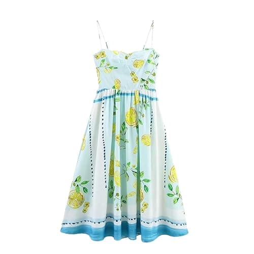 Lemon Print Backless Spaghetti Strap Ankle-Length A-Line Dress Women - Image 1