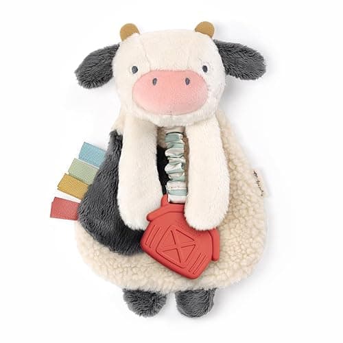 Itzy Ritzy - Itzy Lovey Including Teether - Baby Lovey with Teether, Textured Ribbons & Dangle Arms - Features Crinkle Sound, Sherpa Fabric and Minky Plush (Cow) - Cow - 1 Count (Pack of 1)