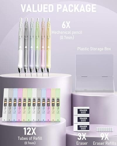 Nicpro 6PCS Pastel Mechanical Pencil Set 0.7 mm, Cute Mechanical Pencils with Comfort Grip with 12 Tubes HB Lead Refill, 3 Eraser, 9 Eraser Refills for Student Writing, Drawing, Sketching- with Case thumbnail 6