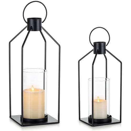 Nuptio Decorative Lantern Candle Holder: 2 Pcs Glass Hurricane Pillar Candles Holders Rustic Black Metal Hanging Lanterns Decor for Outdoor Wedding Farmhouse Home Fireplace Christmas Halloween - Image 1