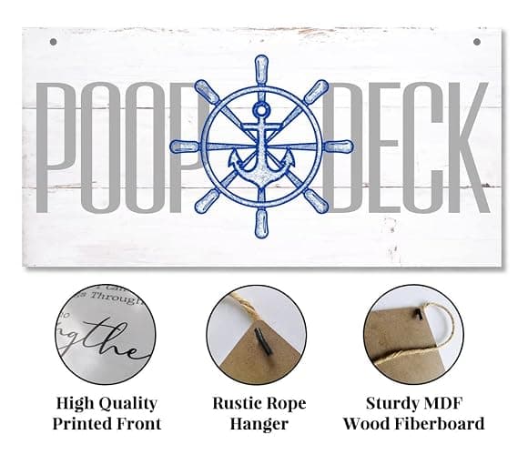 Hanging Poop Deck Decor Sign, Nautical Nursery Wall Decor, Printed Wood Wall Art Sign, Hanging Wood Sign Home Decor, Wood Sign for Ocean Bathroom and Nursery, Rustic Beach Bathroom Sign thumbnail 5