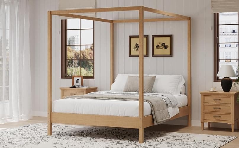 Merax Wooden Canopy Bed with Four Posters, Queen Size Canopy Bed Frame & 8.3" Storage Space Under Bed, Solid Wood Slats Support, No Box Spring Needed, Easy Assembly, Natural thumbnail 7