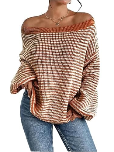Women's Oversized Striped Sweater Casual Off The Shoulder Sweater Fall Long Sleeve Loose Knit Pullover Jumper Tops - Image 1