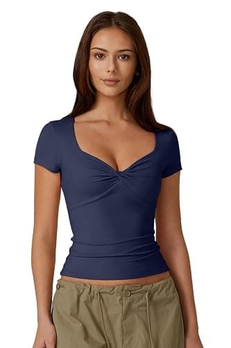 QINSEN Women's Sexy Twist Front V Neck T Shirts Double Lined Short Sleeve Slim Fit Crop Top Trendy Y2K Tops Tee thumbnail 5
