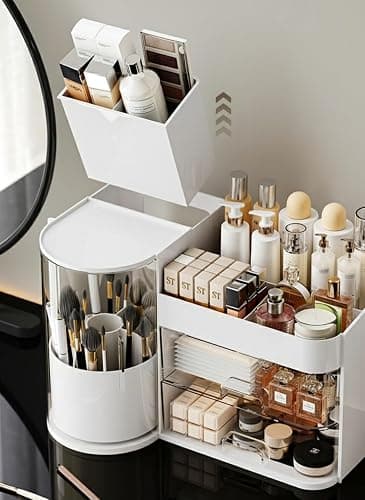 Makeup Organizer with Rotating Brush Holder Cosmetic Organizer with Drawers Countertop Skincare Organizer for Vanity,Cosmetic Display Case Storage (White, Large) thumbnail 4