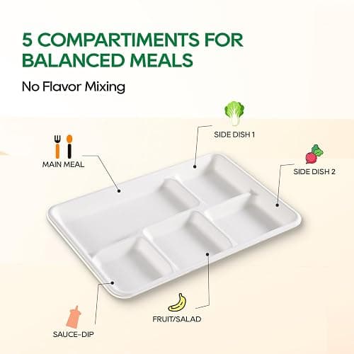 Turbo Bee Disposable 5 Compartment Plates, 100Pack Bagasse Divided Paper Trays, Heavy Duty Serving Plates for School Lunch, Meal Prep, Picnic and Buffet thumbnail 4