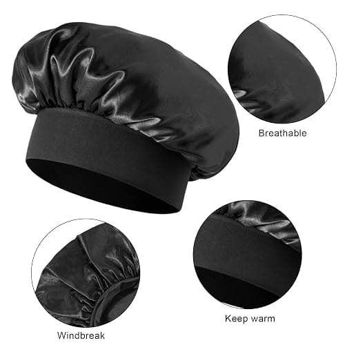 Wesoke Womens Sleep Cap 2 Stück Satin Motorhaube Seidenhauben zum Schlafen, Frauen Haarhaube für lockige Haarzöpfe, große Schlafkappe Wiederverwendbare Badduschhaube für Frauen Männer (Schwarz) thumbnail 3