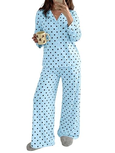 Tankaneo Womens Button Down Pajama Sets Long Sleeve 2 Piece Lounge Sets | Pjs, Polka Dot, Fruit Print, Wide Leg, Loose Fit, Lapel Collar, Night Suit, Cute Sleepwear - Image 1