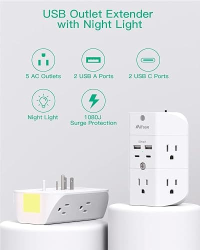 Surge Protector Outlet Extender - with Night Light, 5-Outlet Splitter and 4 USB Ports (2 USB C Charger), Multi Plug Outlet for Home, Dorm Room Essentials thumbnail 7