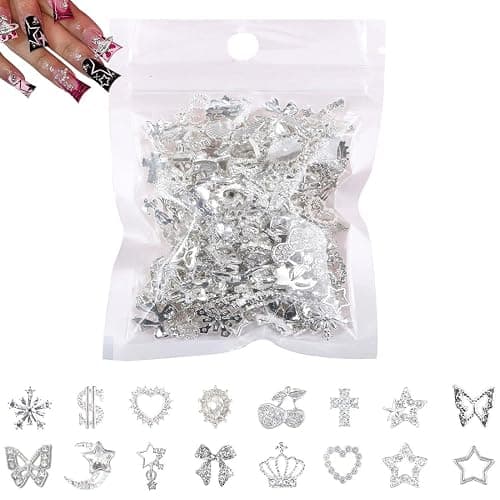 JYNXOR 40 Stück Luxus Zirkon Nagel Charms 3D Legierung Nailart Anhänger Silber Nail Art Metall Schmuck Strasssteine für Schmetterling Herz Schlange Blume Glitzersteine Zubehör - Image 1