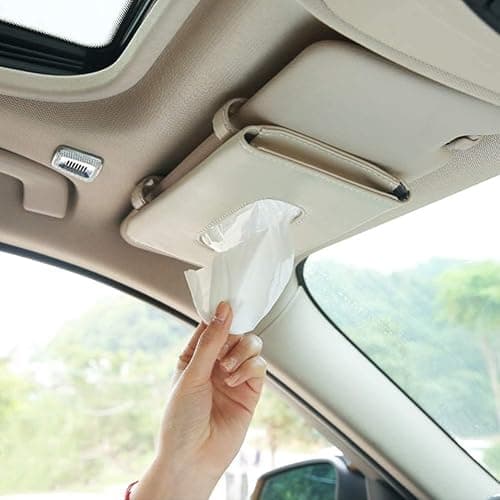 Leather Car Tissue Dispenser with 7 Refill Box, Napkin Case, Tissue Paper Refill for Visor - Beige - Beige thumbnail 2