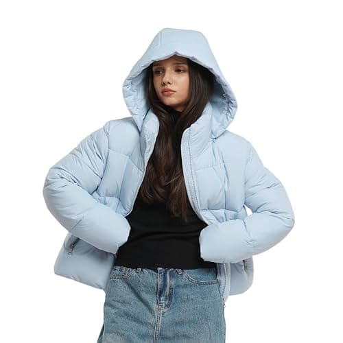 PUFFIT Women's Cropped Puffer Jackets,Warm Winter Jacket with Removable Hood,Zipped Pockets,Short Ladies Quilted Coat - Large - Lilac Blue thumbnail 3