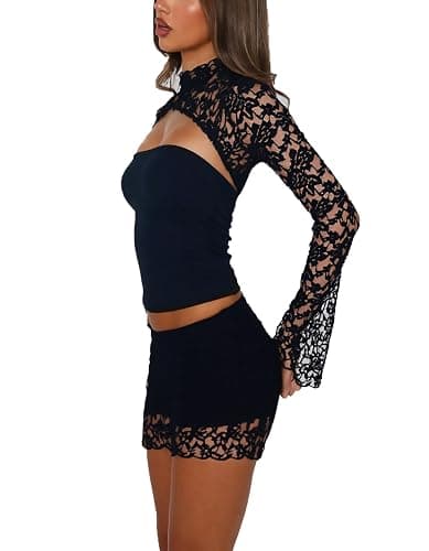 FWBBG Womens Sexy 2 Piece Mini Skirt Set Long Sleeve Lace Cutout Top Double Lace Mini Bodycon Skirt Y2K Going Out Outfits thumbnail 2